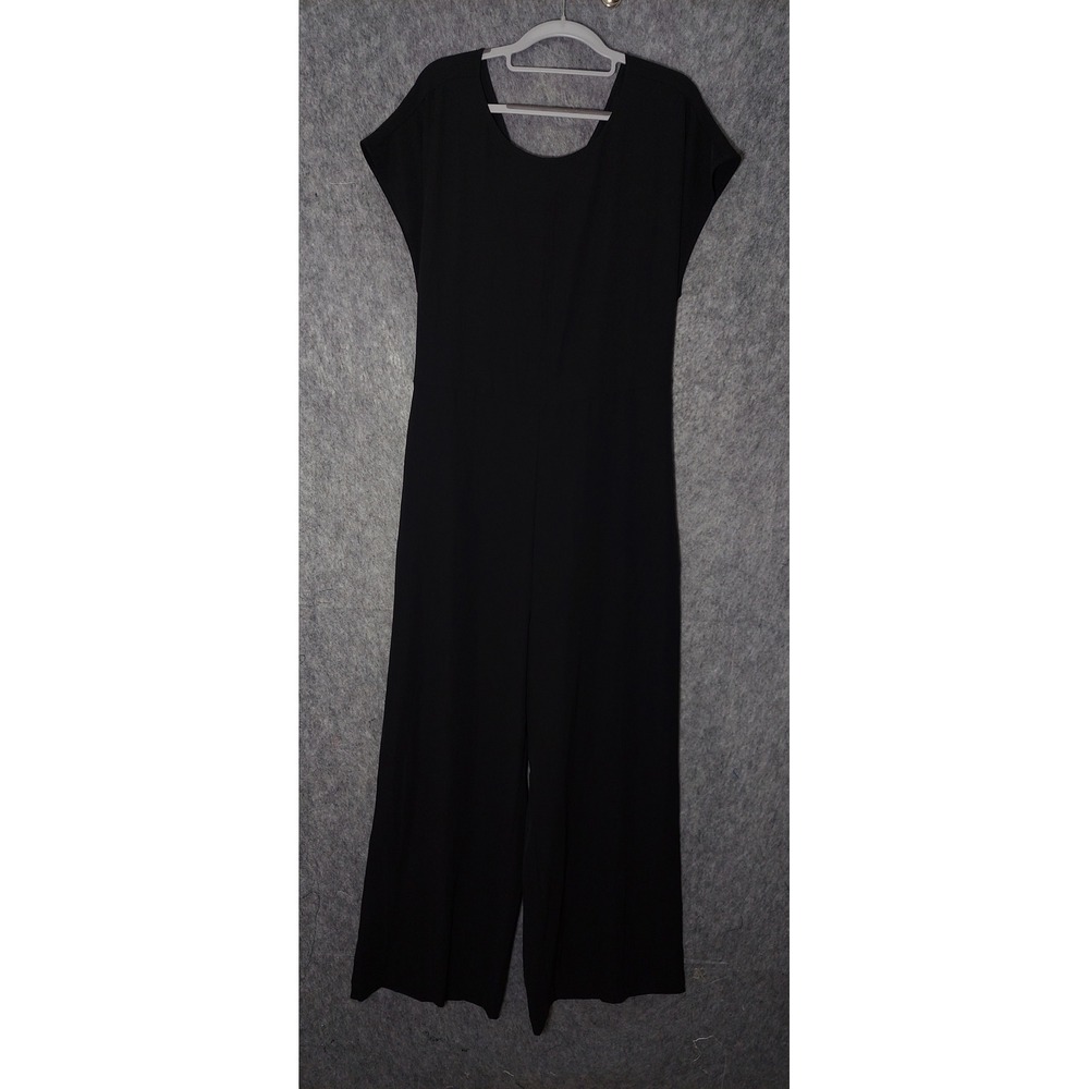 Ann Taylor Loft Jumpsuit 16 Black Stretch Short Sleeve Tie Back Wide Leg Pockets